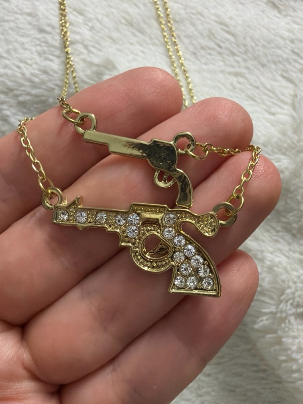 Gold-Tone Pistol Pendant Necklace with Clear Crystals - Women Jewelry